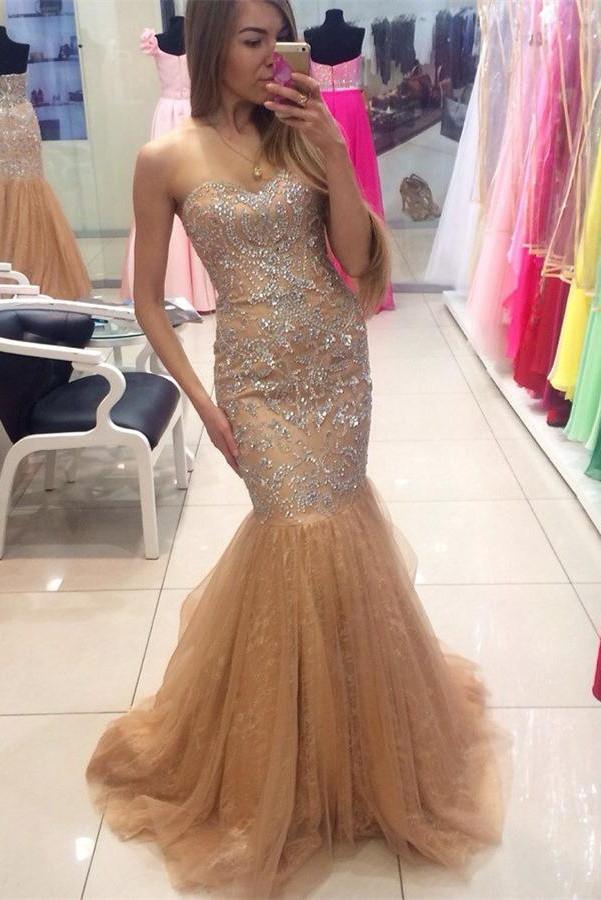 Gorgeous Mermaid Tulle Beading Sweetheart Lace Up Prom Dresses K683
