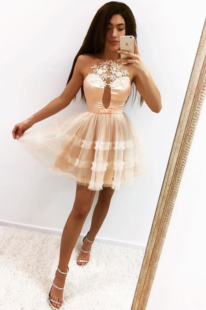 Tulle Short Prom Dress, Sheer Neck A Line Homecoming Dress DMP50