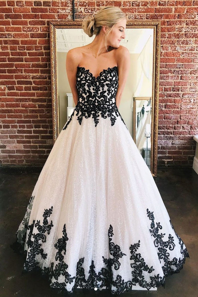 A Line Sweetheart Long Elegant Prom Dress With Black Lace Appliques DMS87