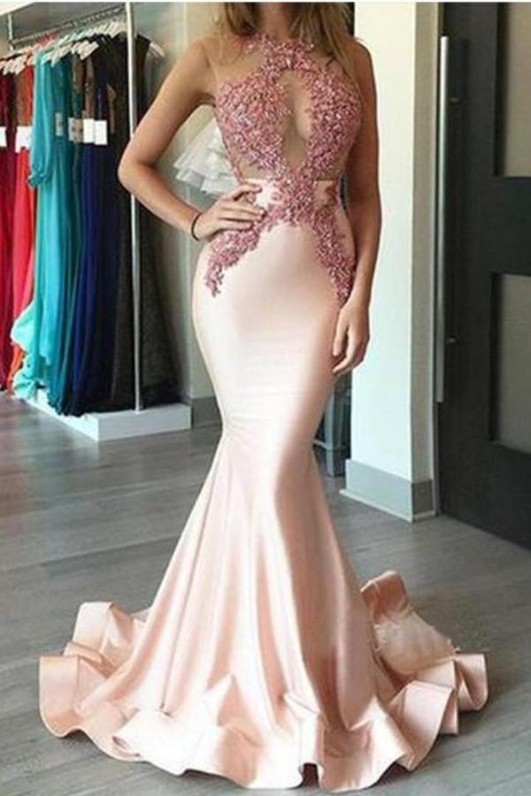Sexy Lace Mermaid Long Pink Satin Simple Cheap Pretty Prom Dresses K773