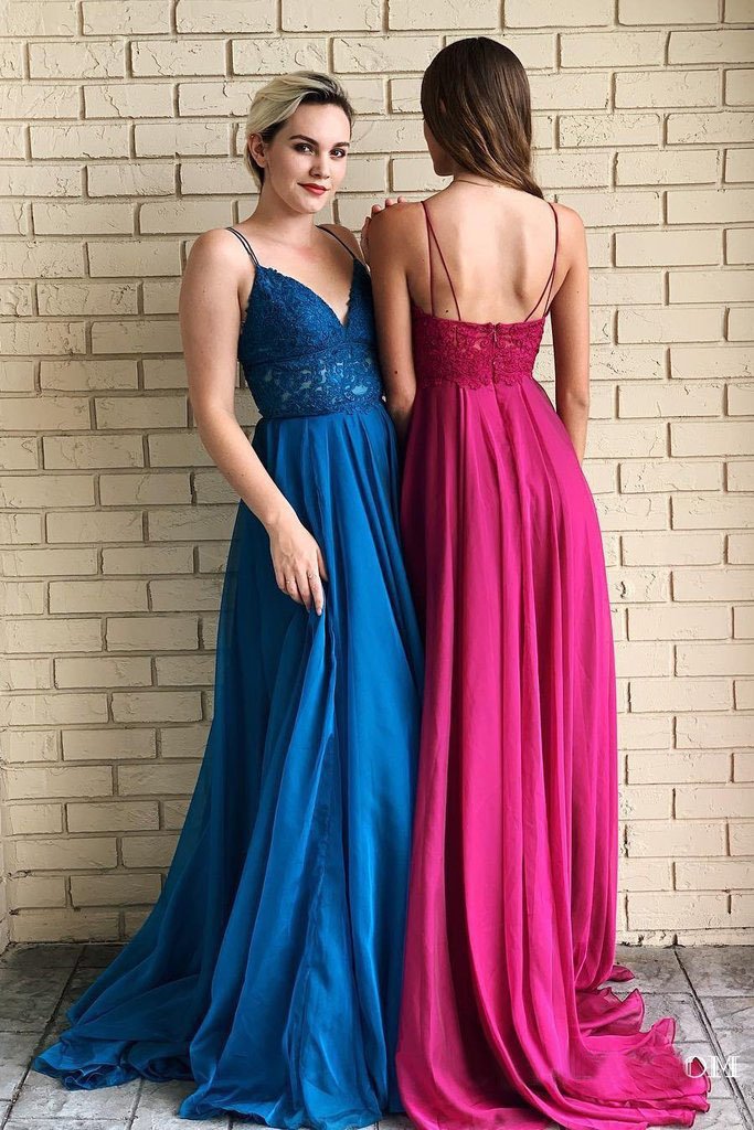 Spaghetti Straps A-Line Long Cheap Prom Dresses with Lace Top DMO54