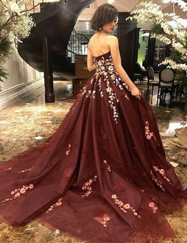 Strapless Burgundy Sleeveless Long Prom Dress with Appliques DMH36