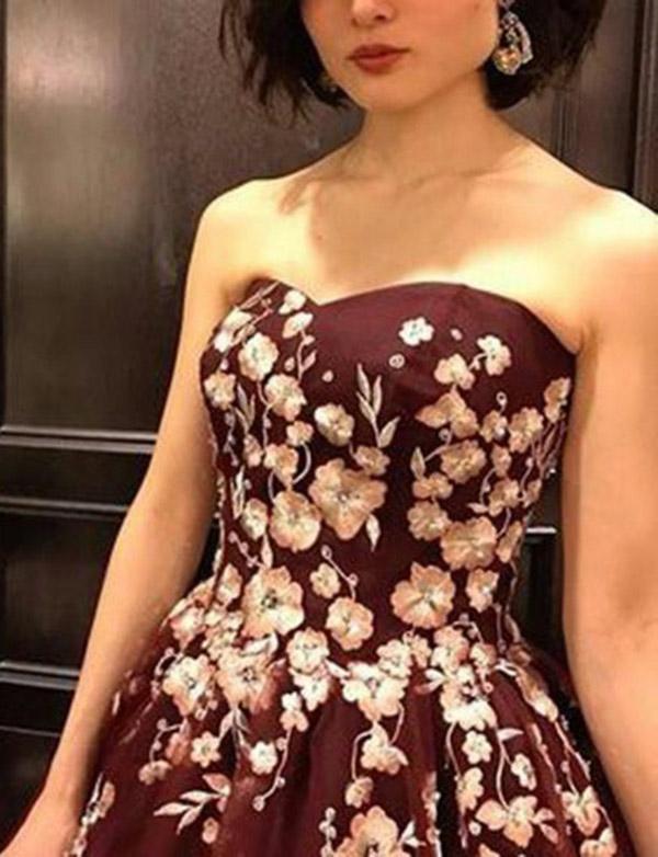 Strapless Burgundy Sleeveless Long Prom Dress with Appliques DMH36