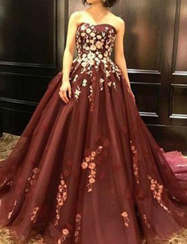 Strapless Burgundy Sleeveless Long Prom Dress with Appliques DMH36