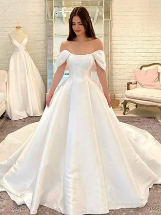 A-Line Off the Shoulder Satin Long Wedding Dresses Elegant Bridal Dresses DMW24