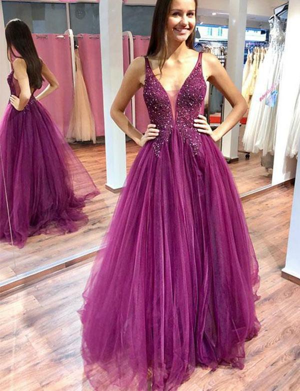 A Line Purple Tulle Beading Long Prom Dresses with Appliques DMH93