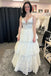 White A-line V Neck Lace Multi-Layers Long Prom Dress with Beading DMP295