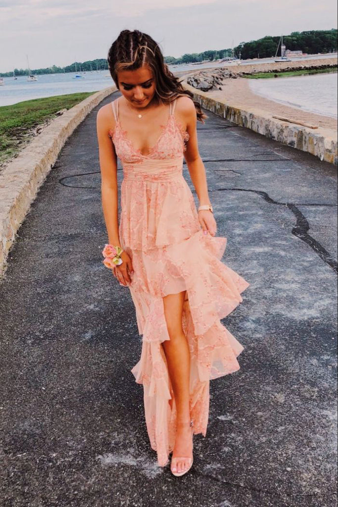 Simple A Line Pink Spaghetti Straps V Neck Long Prom Dress, Formal Evening Dress DMP211