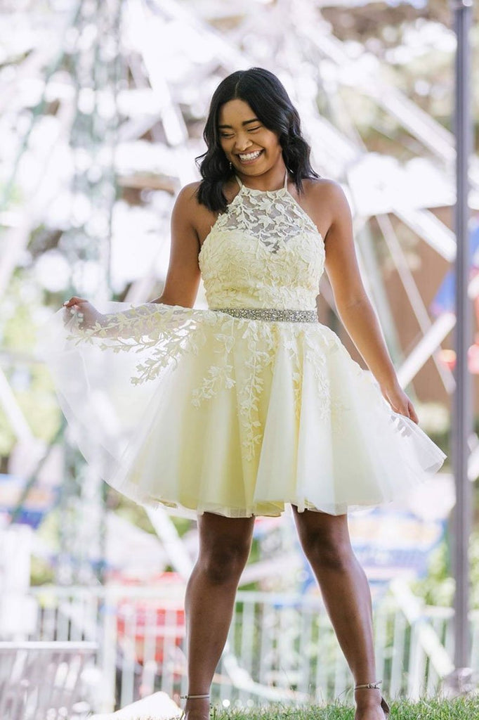 Yellow Tulle Lace Short Prom Dress Beading A Line Homecoming Dress DMP41
