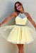 A Line Halter Yellow Lace Appliques Homecoming Dress, Short Prom Dresses DMQ8