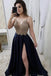 Spaghetti Strap A Line Maroon Long Beaded Prom Dresses with Slit and Gold Lace DMI29
