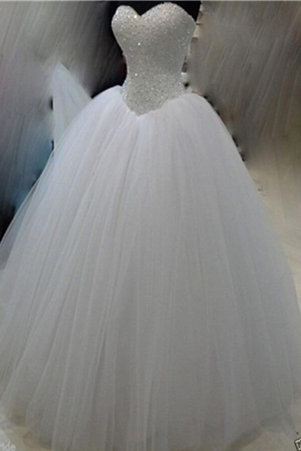 Classy White Ball Gown Long Beaded Sweetheart Lace Up Wedding Dresses W26