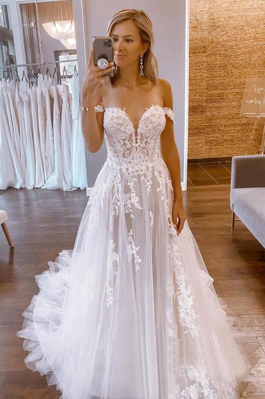 A-Line Off Shoulder Tulle Custom Long Wedding Dresses With Lace Appliques DMW32
