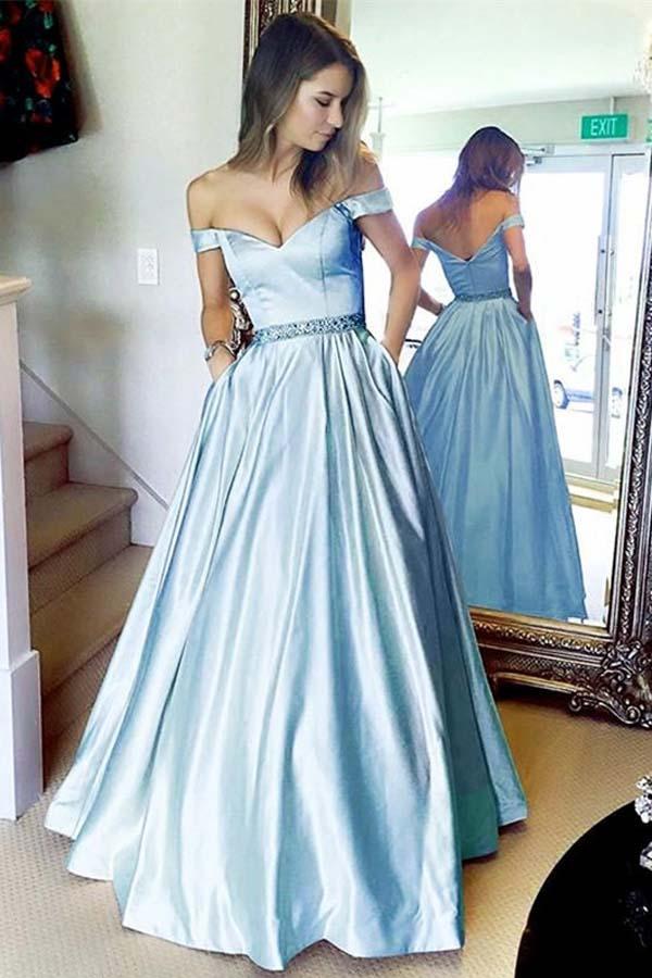 Stunning A-line Off the shoulder Sky Blue Long Prom Dress with Pocket DMJ15