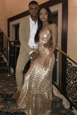 Amazing Gold Memriad Halter V Neck Backless Sequence Long Prom Dresses DMP207