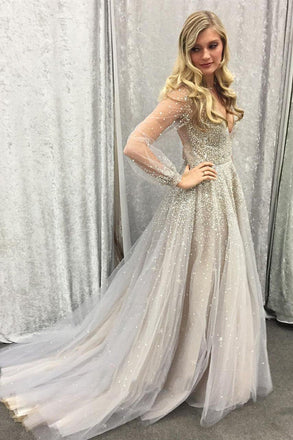 Newly A Line Gray Tulle Long Sleeves See Through Sweetheart Beaded Prom Dresses DMP088