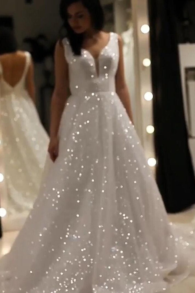 A Line V-neck Sparkly Wedding Dress, Sequin Backless Long Backless Bridal Dress DMW29