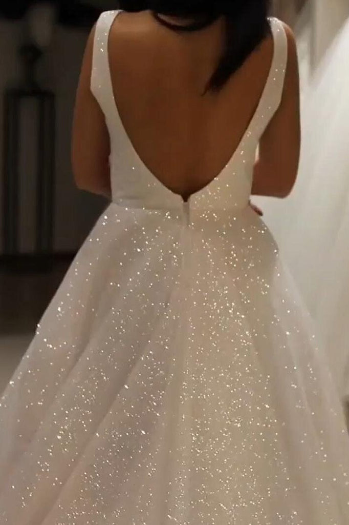 A Line V-neck Sparkly Wedding Dress, Sequin Backless Long Backless Bridal Dress DMW29