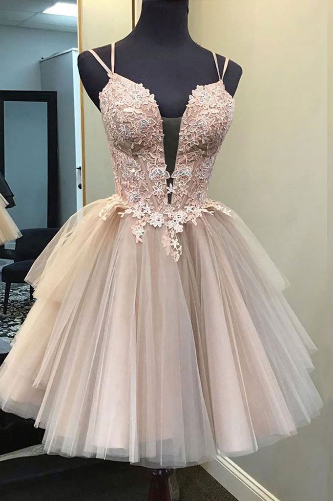 A Line Tulle Lace Appliques Short Homecoming Dress, Cute Prom Dresses DMQ6
