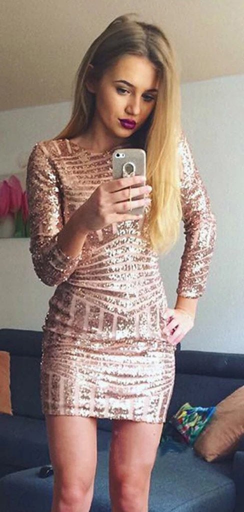 Long Sleeves Sequins Homecoming Dresses, Short Tight Sexy Prom Dresses DMO73