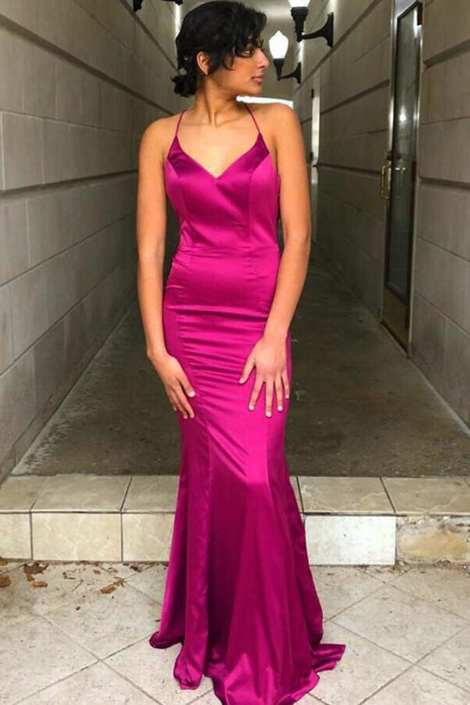 Fuchsia Mermaid Criss Cross Back Long Prom Dresses Formal Evening Dress DMP171