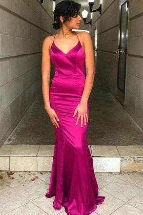 Fuchsia Mermaid Criss Cross Back Long Prom Dresses Formal Evening Dress DMP171