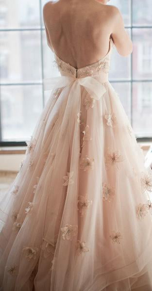 Vintage Strapless Sweetheart A Line Flower Tulle Pearl Pink Wedding Dress DM589
