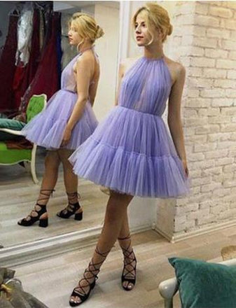 Halter Lavender A-Line Tulle Short Unique Homecoming Dresses DMD84