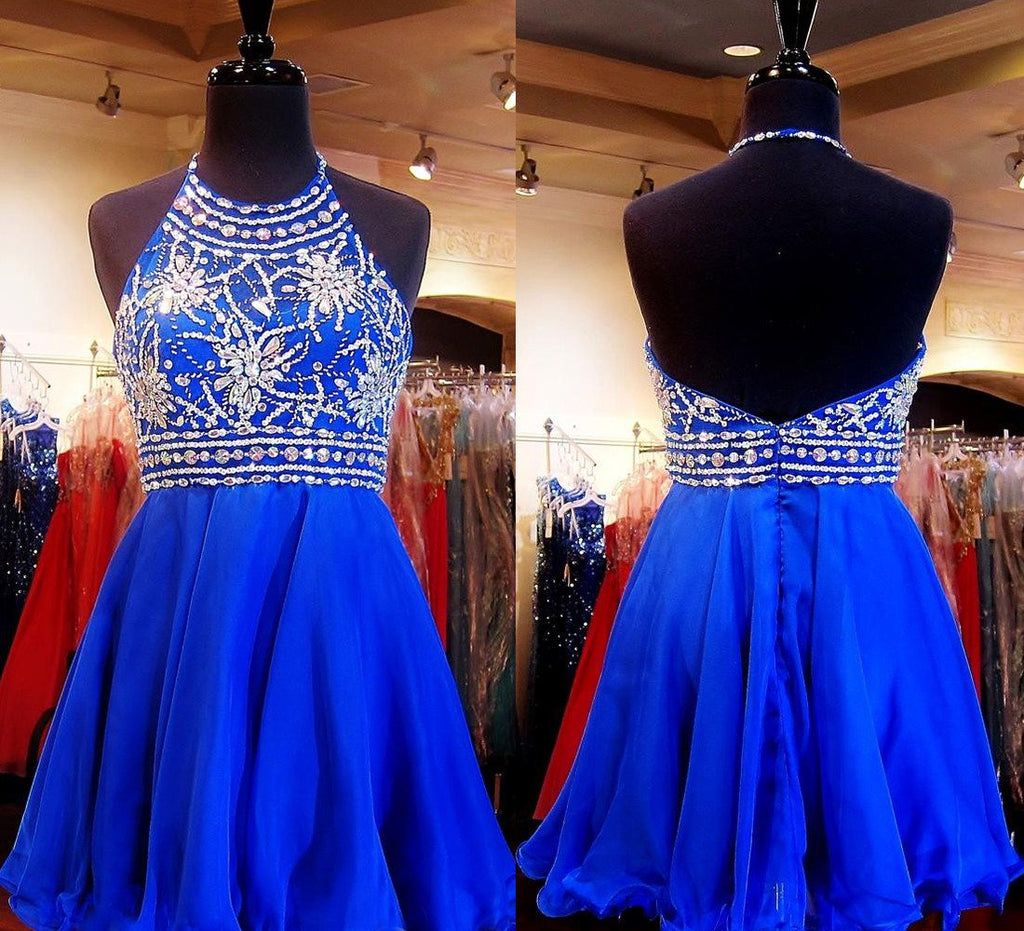 Royal Blue Sparkle Beautiful Beadding Halter Homecoming/Cocktail Dresses,Sweet 16 Dress DM278