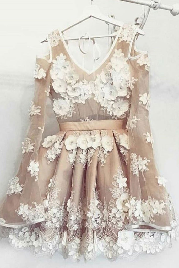 Unique Tulle Lace Short Prom Dress, Long Sleeves Homecoming Dress DMP29