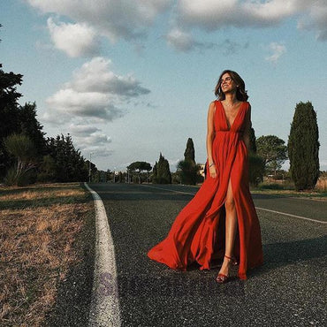 Red Sexy Simple Deep V neck Side Split Chiffon Prom Dresses DM902