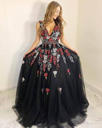 Charming V-Neck Black Floral Appliques Beading Sleeveless Long Prom Dress DMI40
