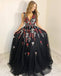 Charming V-Neck Black Floral Appliques Beading Sleeveless Long Prom Dress DMI40