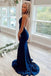 Navy Blue Beaded V-Neck Backless Mermaid Long Prom Dress Evening Gown DM1894