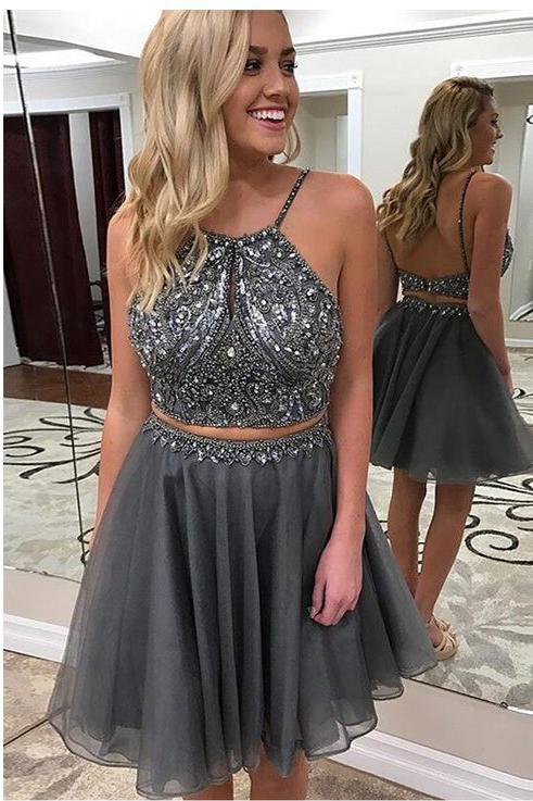 Grey Two Piece Backless Homecoming Dresses,Beaded Short Prom Dress OKC27