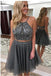 Grey Two Piece Backless Homecoming Dresses,Beaded Short Prom Dress OKC27