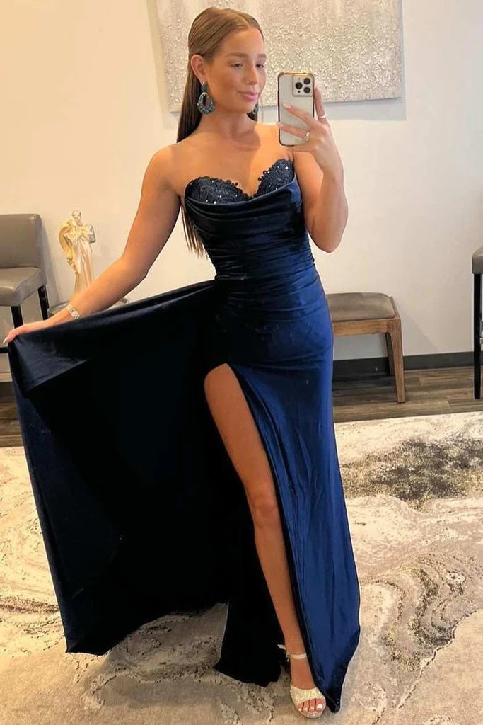 Navy Blue Sweetheart Sheath Long Prom Dress with Slit Evening Party Dresses DM1897