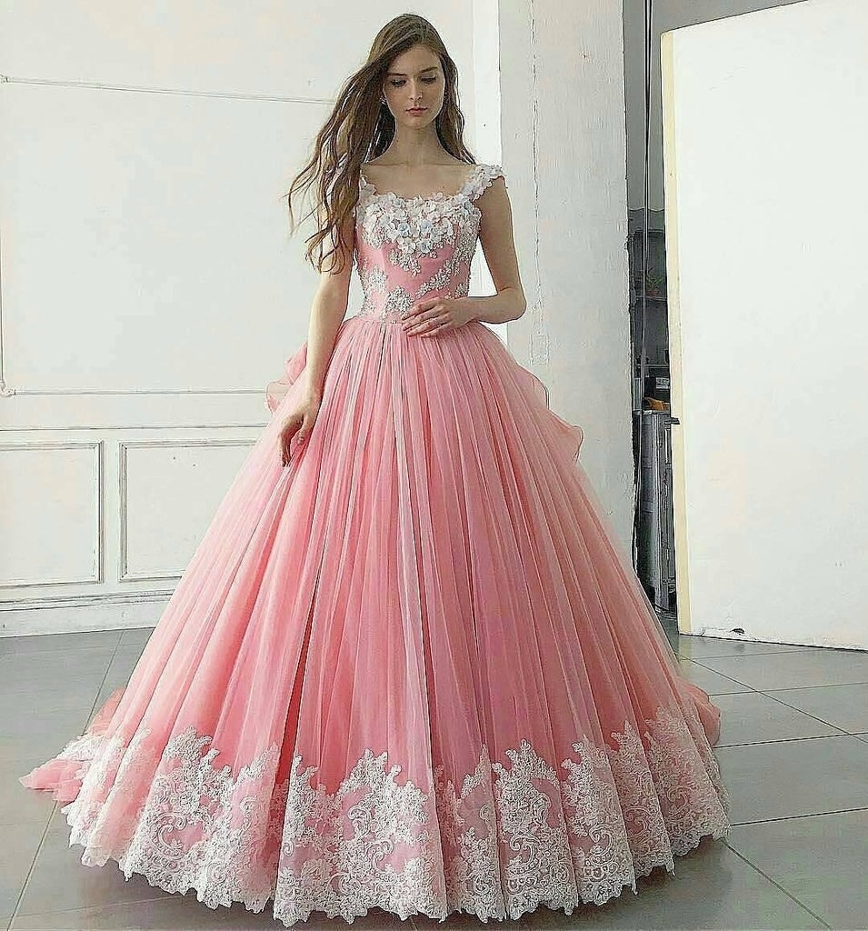 Pink Ball Gown Appliqued A Line Long Prom Dress,Pretty Quinceanera Dress DM253