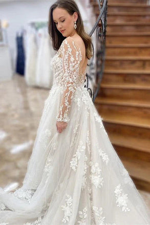 Off White Appliques Long Sleeves Backless A-Line Tulle Long Wedding Dress DM1910