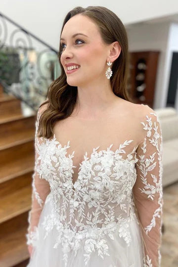 Off White Appliques Long Sleeves Backless A-Line Tulle Long Wedding Dress DM1910