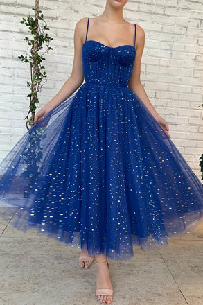 Royal Blue Tulle A line Spaghetti Straps Prom Dresses Evening Party Dresses DMP128