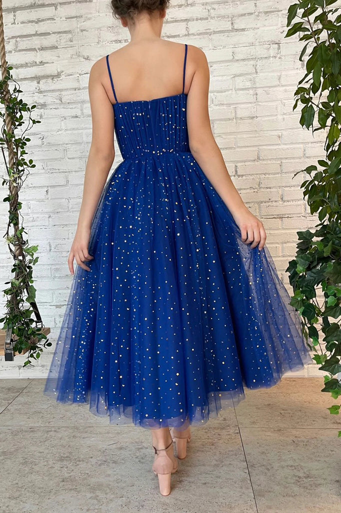 Royal Blue Tulle A line Spaghetti Straps Prom Dresses Evening Party Dresses DMP128