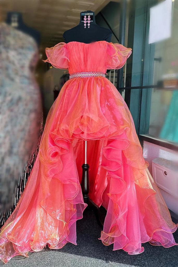 Coral Off-the-Shoulder Organza Ruffle Hi-Low Prom Dress Evening Gown DMP313
