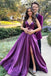 V Neck Backless Purple AQ Line Satin Long Prom Dress with High Slit DM1966