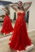 Chic Strapless Red A Line Tulle Long Prom Dress with Lace Appliques DM1968
