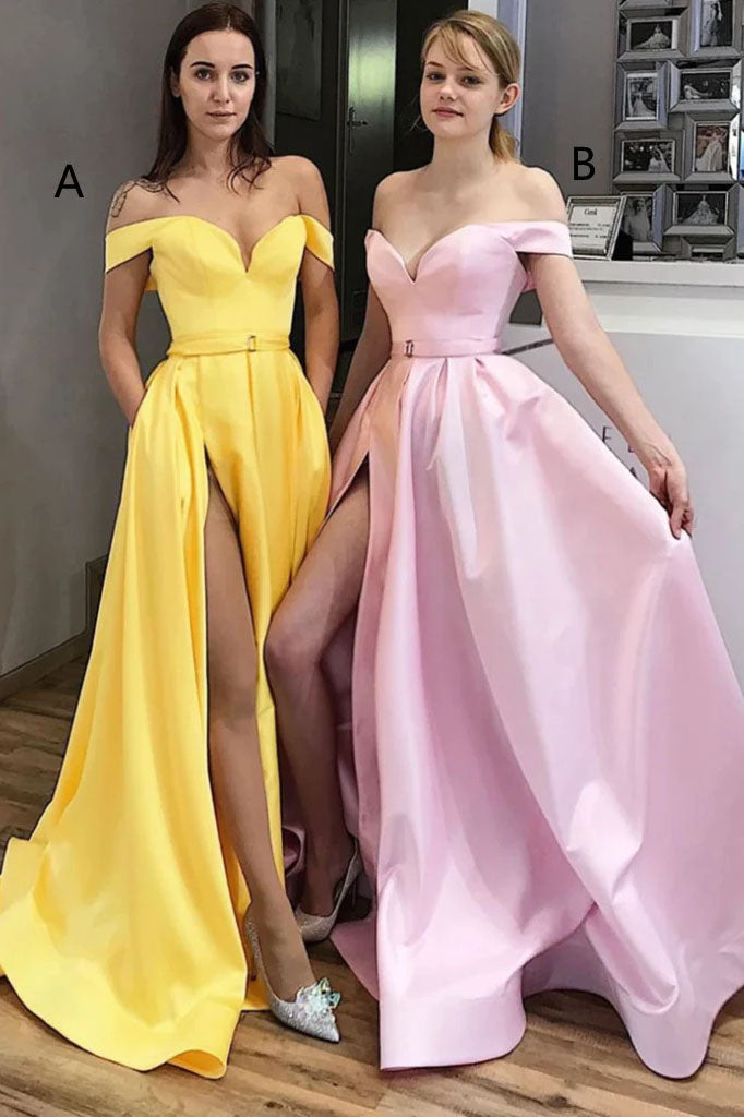 Simple A-line Satin Off the Shoulder Long Prom Dresses With Pockests DMP279