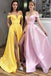 Simple A-line Satin Off the Shoulder Long Prom Dresses With Pockests DMP279