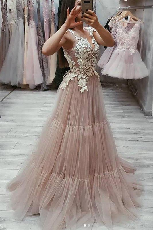 V Neck Tulle Lace Appliques Long Prom Dress, Cheap Tulle Evening Dresses DMG21