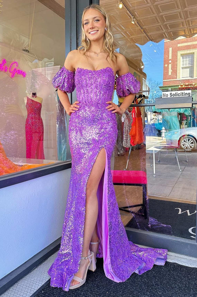Purple Off the Shoulder Mermaid Sequins Slit Long Prom Dresses DMP302