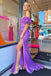 Purple Off the Shoulder Mermaid Sequins Slit Long Prom Dresses DMP302